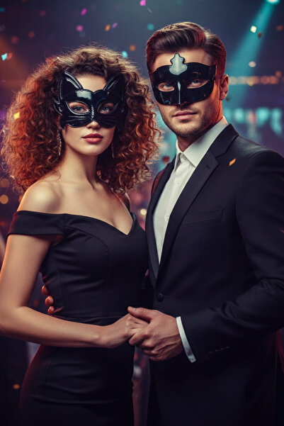 shop İkili Siyah Parti Maskesi Seti - Eva Malzeme Kedi Maskesi ve Parlak Vene...