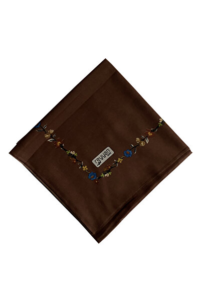 REYYAN İpek Mavi Kenar Çiçekli Kahverengi Yazma 100 cm