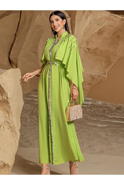 Noon Noora Fruit Green Half-high Collar Shawl Dress Hand-sewn Diamond Jalabiy...