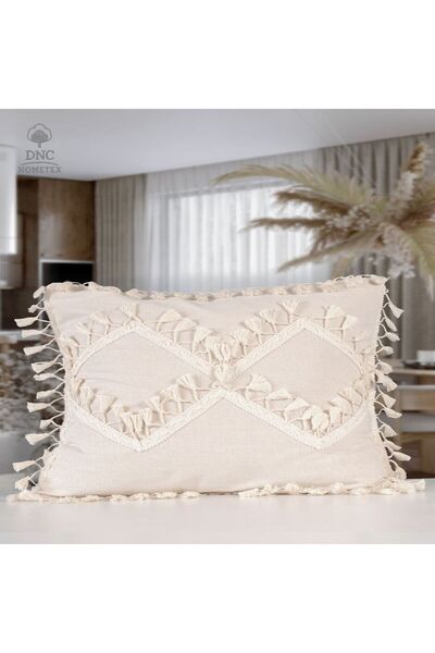 DNC home tekstil غطاء وسادة مربع من الكتان الخام مع زخرفة بوم بوم (43x43)