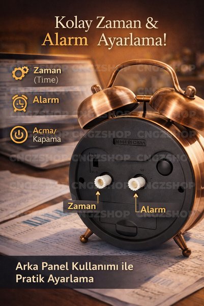 NovaHediyelik Bakır Çalar Saat Işıklı ve Alarmlı | Eskitme Metal Dekoratif Masa Saati