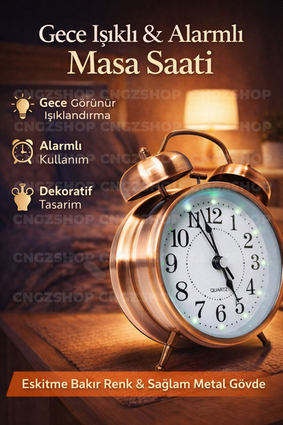 CNGZSHOP Bakır Çalar Saat Işıklı ve Alarmlı | Eskitme Metal Dekoratif Masa Saati