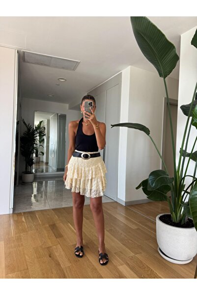 MERVE AKSOY Ekru Dantel Kat Kat Etek