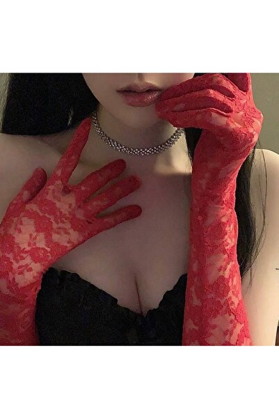 La Saade Red Allure Lace Gloves – Kırmızı Uzun Dantel Eldiven