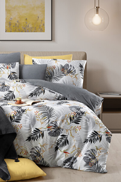 MyStory Home Set de lenjerie de pat Çify Kişilik Monstera Gri