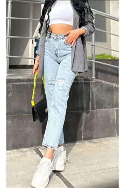 GAMZE ALPTEKİN Women's High Waist Mom Fit Ripped Detailed Light Blue Jeans