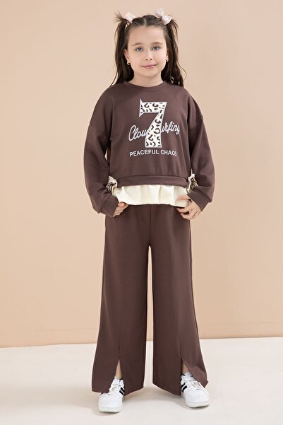 Cansın Mini Кафяви панталони с разрез, панделка и принт емблема, 2-компоненте...