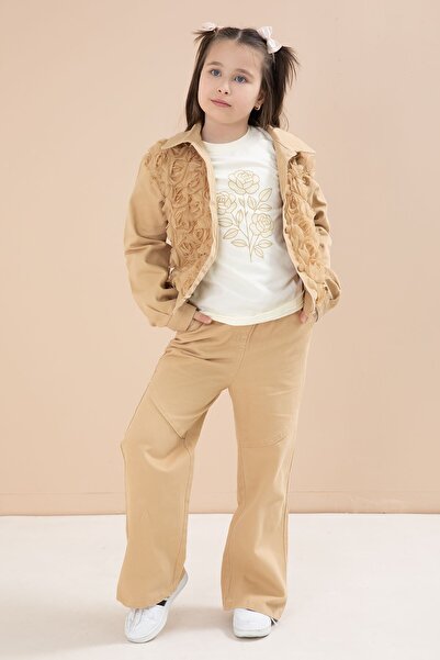 Cansın Mini Бежово сако с бродерия от рози отпред и панталони за момичета, 3-...