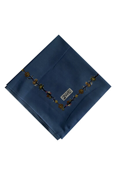 REYYAN İpek Kahve Kenar Çiçekli Mavi Yazma