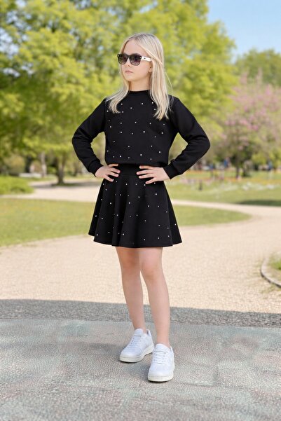 Yalçınoğlu Kids Set fustă cu mâneci lungi și detalii perlate pentru fete I Se...