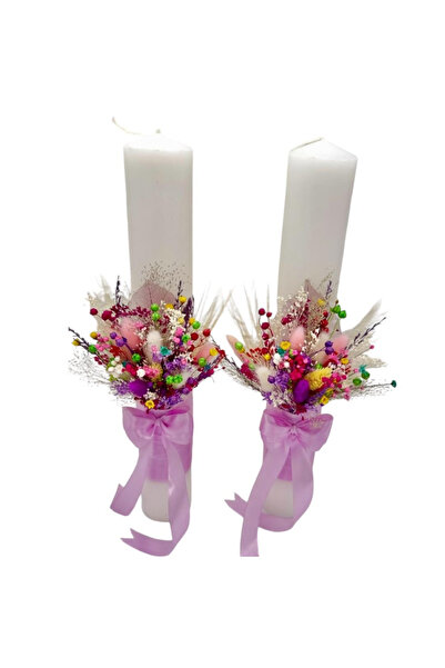 Eventissimi Set lumanari nunta alb verde cu plante uscate 40 cm aranjament fr...