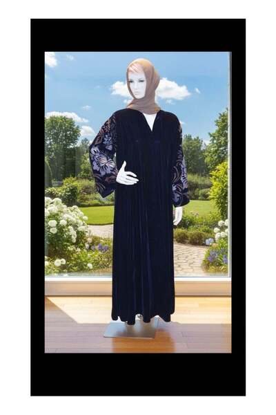 AKZ Luxury navy blue front open embroidered sleeves velvet abaya with hijab (...
