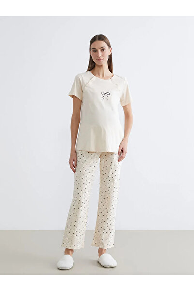 LC Waikiki LCW DREAM Bej Bisiklet Yaka Baskılı Hamile Pijama Takımı