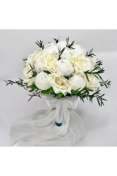 Eventissimi Buchet mare alb mireasă cu trandafiri, bujori și verde criogenat