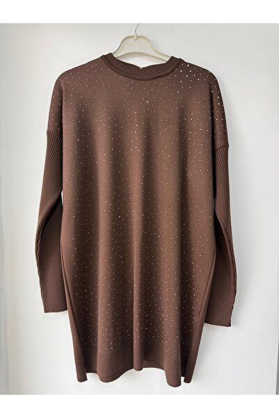 Leova Kadın Kahverengi Taş Detaylı Triko Tunik – Uzun Kollu, Bisiklet Yaka, R...
