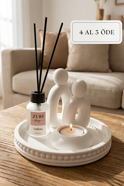 ZURİ DESİGN Beton Tepsili Mum ve Bambu Çubuklu 50 ml Oda Parfümü Dekoratif Se...