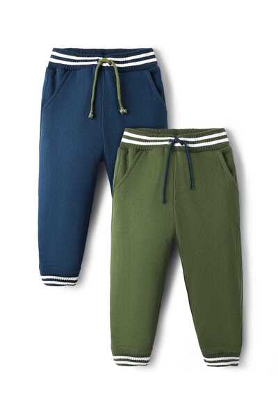 Bonfino 100% Cotton Fleece Solid Track Pants with Tipped Rib, Pack of 2 - Gre...