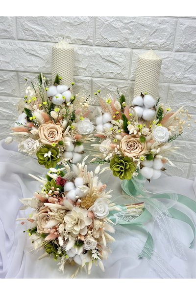 Eventissimi Lumânare cununie/botez – 40 cm, ceară naturală, decor: plante usc...