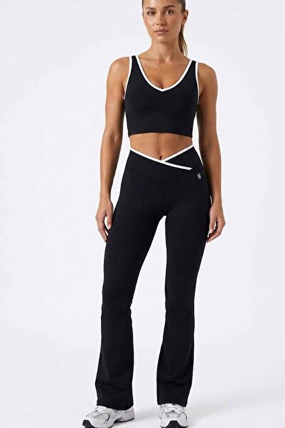 vynor atelier Women's Black and White Contrast Piping Cross Waist Spanish Fla...