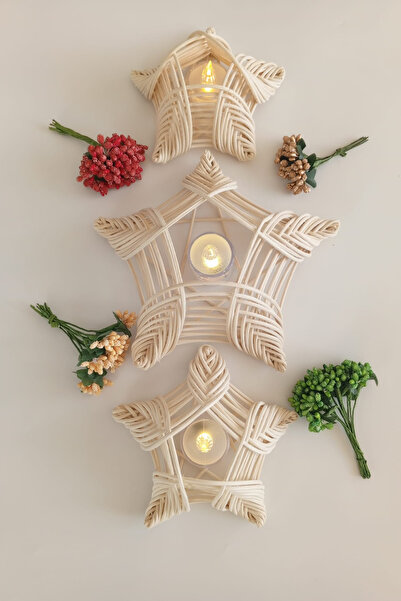 MaviMarinUrla El Yapımı Bambu Rattan Yıldız Formunda Mumluk Hasır Dekoratif T...