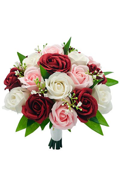 Eventissimi Buchet mediu cu trandafiri verdeata si frunze grena roz alb