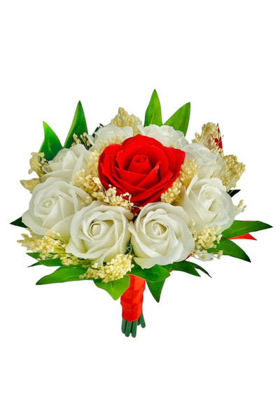 Eventissimi Buchet mic cu trandafiri si floarea miresei rosu alb