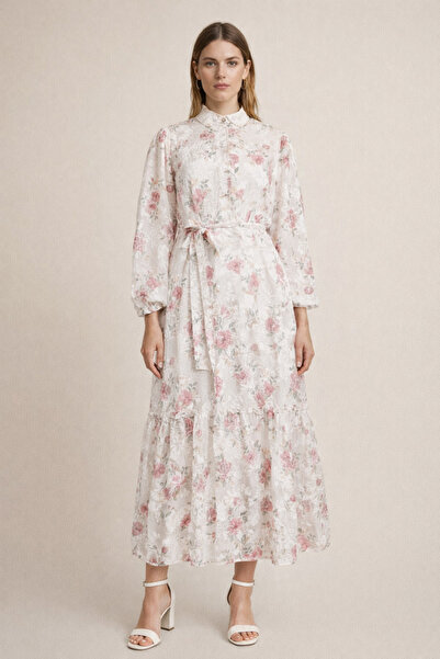 Kirazgym Belted Half-Buttoned Lined Dress - Cream