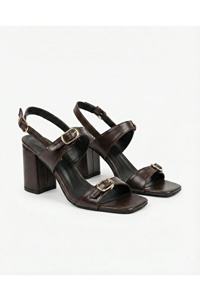 uqpe Laris Double Buckle Closed Toe Heeled Sandals Series - Brown Wrinkled