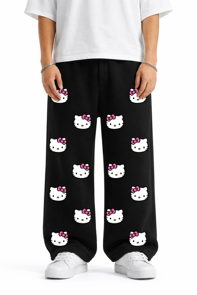 Sokak Butik Premium Cute Kitties Wide Leg Men's Black Sweatpants