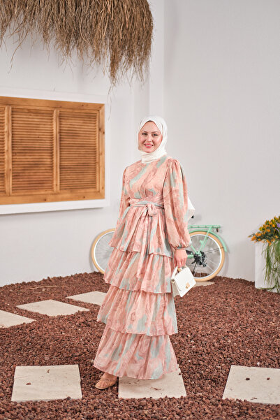 LOCCO Women's Layered Detailed Belted Lined Chiffon Dress Powder