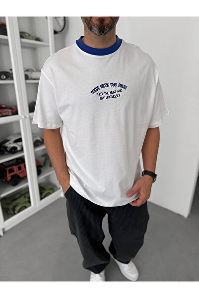 BYBASICMAN Blue Text Embroidered Oversize T-Shirt C-028