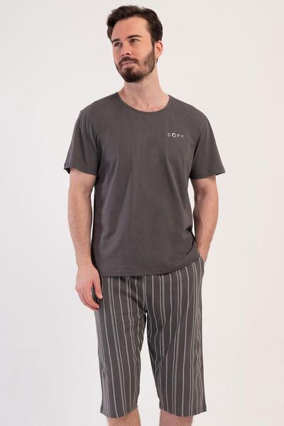 VİENETTA Men's Short Sleeve Capri Smoked Combed Cotton Pajama Set C2T8N0804