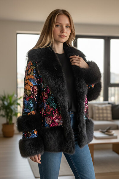 MADE İN ITALY Italyan renkli payet detaylı kürk