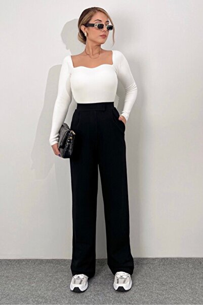 ÖZKURTOĞLU COLLECTİON بنطلون بالازو نسائي من الليكرا مزود بشريط فيلكرو