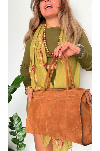 Tuvita Collection Bodrum %100 Gerçek Süet Deri El Yapımı Taba Kadın Kol Omuz ...