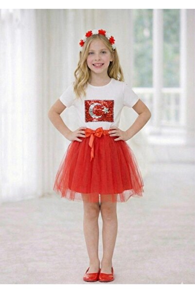 BLACK SWALLOW Tricou cu model steag cu stea și lună și paiete pentru fete, se...