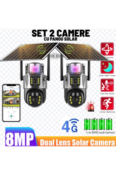 OEM Set de 2 camere de supraveghere cu panou solar de 8 MP, V380 Pro, funcțio...