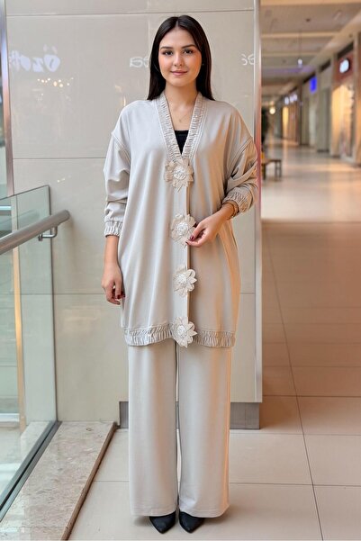 Ghisa V-Neck Embossed Floral Patterned Snap Fastener Tunic Trousers Set