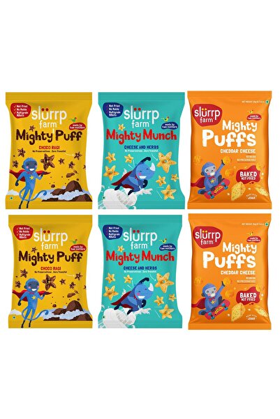 SLURRP FARM Mighty Jowar Puffs 6 x 20g | Cheddar Cheese, Choco Ragi, Cheese &...