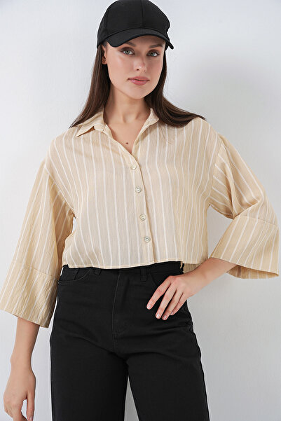 Bigdart Women's Striped Oversize Short Shirt 20326 - Beige