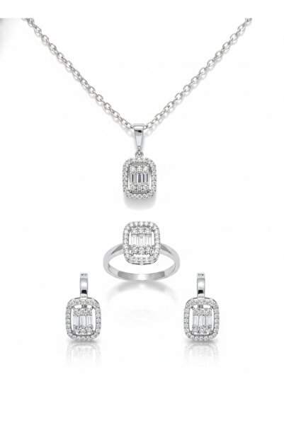 Adenia Silver "Modern Baget" Kare Halo Gümüş 3'lü Set