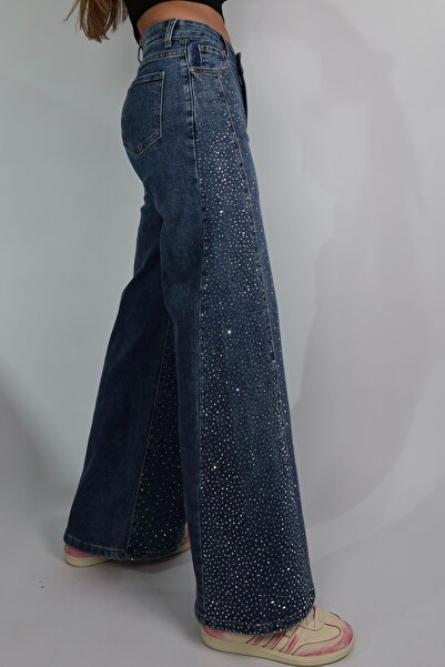 NicoleShop Blugi damă cu strasuri, talie înaltă – croi wide leg