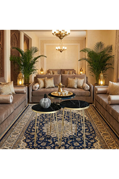 OKAE طقم طاولات خدمة بلاك ماربل 3 قطع تركي سطح خشبي بتصميم الرخام الأسود الملكي وإطار ذهبي