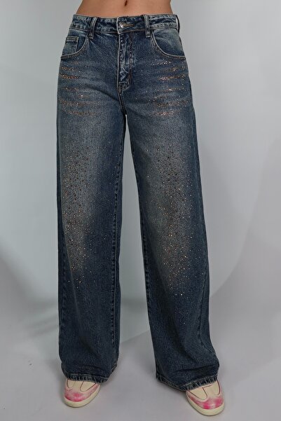 NicoleShop Blugi Wide Leg Oversized cu Detalii Aurii Strălucitoare - Denim Pr...