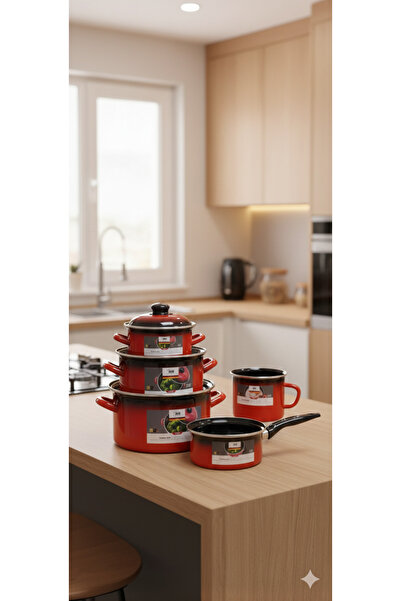 Avşar Elo 9prç sisli kırmızı emaye tencere seti