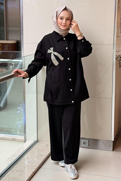 Ghisa Bow Collar Stone Embroidered Cap Trouser Set