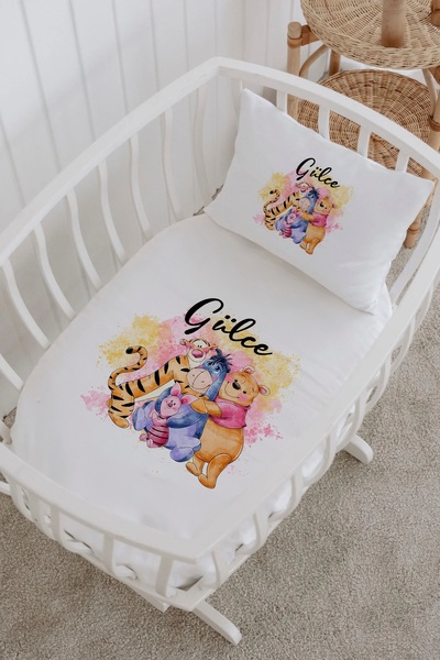 Lilabio İsme Özel %100 Pamuk lastikli Park Yatak Çarşaf Seti (60x120) Winnie ...