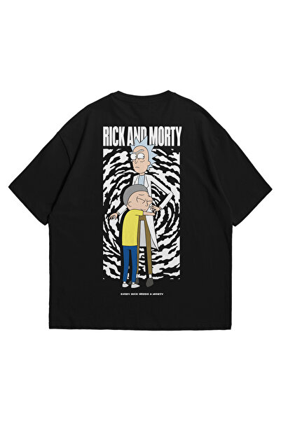 Scrovtie Unisex Siyah Oversize T-Shirt - Rick and Morty Every Rick Needs Bask...