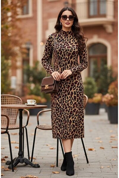 Generic Brand Women's Long Sleeve Turtleneck Leopard Print Midi Dress