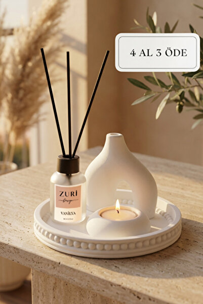 ZURİ DESİGN Vanilya 50 ml Cam Şişe Oda Kokusu Mum Altlığı ve Beton Biblo Set ...